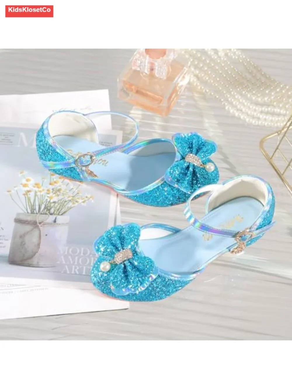 Girls Sparkle Sequined Mary Jane Flats with Bow Adjustable Ankle Strap Party